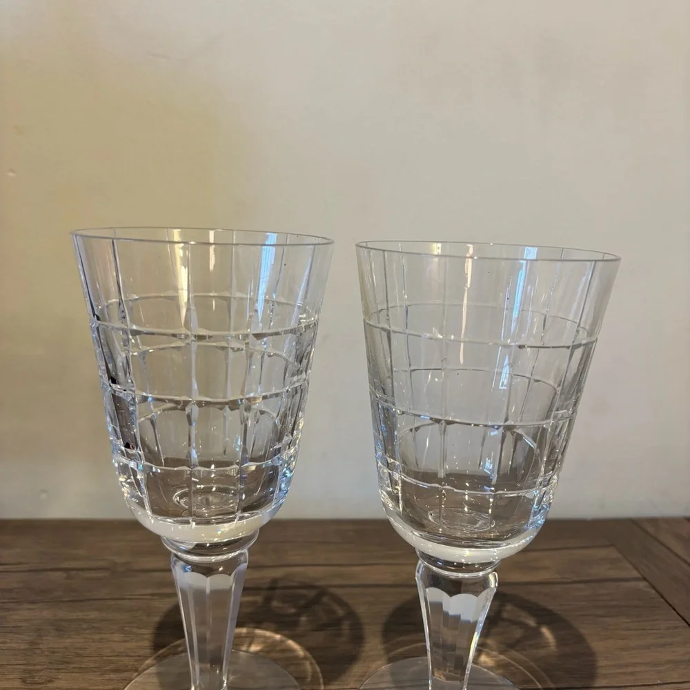 Vintage Crystal Clear Faceted Wine Goblets Glasses - Set of 2